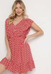 Czerwona Rozkloszowana Sukienka z Bawełny w Kwiaty z Guzikami Ronelle. Czerwone sukienki Born2be, na co dzień, l, bez wzorów, z bawełny, eleganckie, bez kołnierzyka, bez ramiączek, mini, proste. Za 44.99 zł.