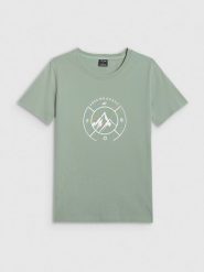 4F T-shirt regular z nadrukiem damski - zielony M. Zielone t-shirty 4f, m, bez wzorów, z bawełny, bez kołnierzyka, bez ramiączek. Za 59.99 zł.
