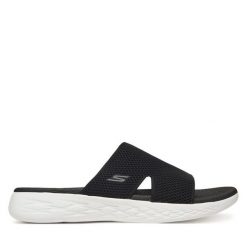 Klapki Skechers. Czarne klapki Skechers, bez wzorów, bez obcasa. Za 149.99 zł.