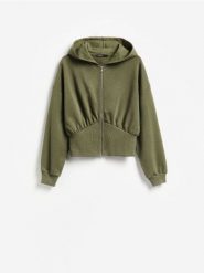 Rozpinana bluza z kapturem - ciemnozielony. Zielone bluzy Reserved, l, bez wzorów, z bawełny, z kapturem. Za 129.99 zł.