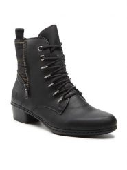 Rieker Botki Y0700-01 Czarny. Czarne botki Rieker, bez wzorów, z materiału, bez obcasa, na płaskiej podeszwie, bez zapięcia. Za 379.99 zł.