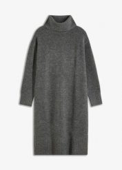Sukienka dzianinowa z rozcięciem. Szare sukienki bonprix, bez wzorów, z dzianiny, bez kołnierzyka, bez ramiączek, midi. Za 147.99 zł.