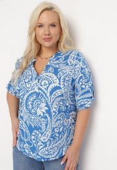 Niebiesko-Biała Wiskozowa Bluzka o Luźnym Kroju z Guzikami w Print Paisley Zirlana. Niebieskie bluzki Born2be, xl, bez wzorów, z wiskozy, bez kołnierzyka, bez ramiączek. W wyprzedaży za 48.99 zł.