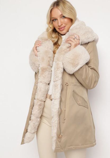 Beżowa Kurtka Parka z Futerkiem i Kapturem Aresja. Brązowe kurtki Born2be, na zimę, l, z jeansu. Za 279.99 zł.