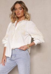 Biała Koszula z Bawełną Wiskozą i Lnem Ozdobione Haftem Zenvesin. Białe koszule Renee, l, z aplikacjami, z bawełny, eleganckie, bez kołnierzyka, bez ramiączek. Za 109.99 zł.