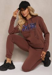 Brązowy Ocieplany Komplet Dresowy Bawełniany Spodnie Joggery i Bluza Zdobiona Nadrukiem Filoira. Brązowe bluzy Renee, m, z aplikacjami, z bawełny, z kapturem. Za 84.99 zł.