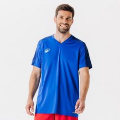 Koszulka do piłki nożnej z krótkim rękawem Kipsta Essential. Niebieskie bluzki KIPSTA, l, bez wzorów, z materiału, sportowe, bez kołnierzyka, bez ramiączek. Za 29.99 zł.