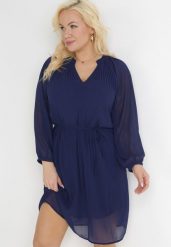 Granatowa Sukienka z Paskiem Yiridi. Niebieskie sukienki Born2be, xl, bez wzorów, bez kołnierzyka, bez ramiączek, midi, trapezowe. Za 54.99 zł.