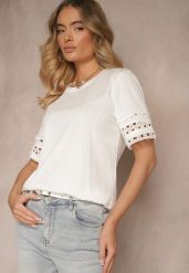 Biały Bawełniany T-shirt z Ażurowymi Rękawkami Zolreia. Białe t-shirty Renee, m, w ażurowe wzory, z bawełny, bez kołnierzyka, bez ramiączek. Za 49.99 zł.