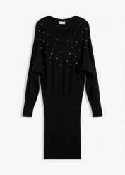 Sukienka dzianinowa z miękkiej mieszanki wiskozy. Czarne sukienki bonprix, z aplikacjami, z dzianiny, eleganckie, bez kołnierzyka, bez ramiączek. Za 137.99 zł.