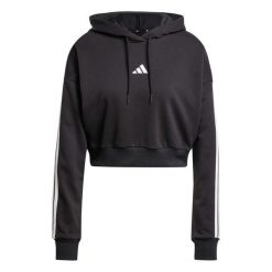 Krótka bluza z kapturem dla kobiet z francuskiej pętlowej bawełny adidas Essenti. Czarne bluzy Adidas, l, bez wzorów, z bawełny, z kapturem. Za 274.90 zł.