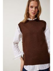 Happiness Istanbul Bezrękawnik w kolorze brązowym rozmiar: onesize. Brązowe swetry Happiness Istanbul, bez wzorów, ze splotem, bez ramiączek. Za 69.58 zł.