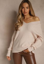 Beżowy Sweter z Dodatkiem Kaszmiru i Trójkątnym Dekoltem Silefera. Brązowe swetry Renee, bez wzorów, z jeansu, bez ramiączek. Za 99.99 zł.