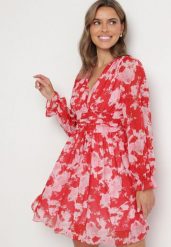 Czerwona Sukienka Rozkloszowana w Kwiaty Aclia. Czerwone sukienki Born2be, na imprezę, l, bez wzorów, bez kołnierzyka, bez ramiączek, mini, rozkloszowane. Za 129.99 zł.