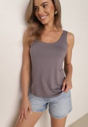 Szary Gładki Top na Szerokich Ramiączkach w Stylu Basic Starbe. Szare topy Born2be, l, bez wzorów, z jeansu, bez kołnierzyka, bez ramiączek. Za 39.99 zł.