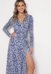 Niebiesko-Biała Maxi Sukienka Taliowana Kopertowa z Materiałowym Paskiem Ailrin. Niebieskie sukienki Born2be, l, bez wzorów, z materiału, eleganckie, bez kołnierzyka, bez ramiączek, maxi, kopertowe. Za 169.99 zł.