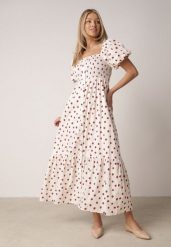 Beżowa Sukienka Bawełniana o Rozkloszowanym Kroju z Bufiastymi Rękawami w Groszki Lorairian. Brązowe sukienki Born2be, m, bez wzorów, z bawełny, klasyczne, bez kołnierzyka, bez ramiączek, maxi, rozkloszowane. Za 159.99 zł.