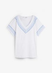 Wygodny t-shirt z haftowym nadrukiem, z bawełny organicznej. Białe t-shirty bonprix, bez wzorów, z bawełny, bez kołnierzyka, bez ramiączek. Za 62.99 zł.