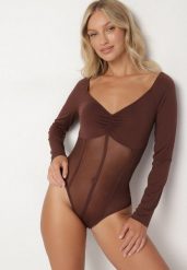 Brązowe Body Vices z Długim Rękawem i Dekoltem w Serek Aleriie. Brązowe body Born2be, l, bez wzorów, z jeansu. Za 69.99 zł.