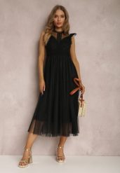 Czarna Sukienka Canissa. Czarne sukienki Renee, na imprezę, m, bez wzorów, z koronki, eleganckie, bez kołnierzyka, bez ramiączek, midi, kopertowe. Za 249.99 zł.