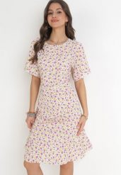 Beżowa Pudełkowa Sukienka w Kwiaty z Falbanką Temrance. Brązowe sukienki Born2be, l, bez wzorów, bez kołnierzyka, bez ramiączek, midi. Za 39.99 zł.