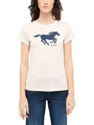 Mustang Koszulka w kolorze kremowym rozmiar: M. Brązowe bluzki Mustang, m, bez wzorów, z bawełny, bez kołnierzyka, bez ramiączek. Za 43.99 zł.