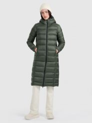 4F Płaszcz puchowy z wypełnieniem naturalnym damski - khaki XL. Brązowe płaszcze 4f, na zimę, xl, bez wzorów, z materiału, bez kaptura. Za 799.99 zł.