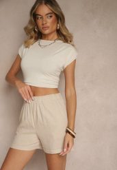 Jasnobeżowe Casualowe Szorty z Lnem z Gumką w Pasie i Kieszeniami Filionella. Brązowe szorty Renee, bez wzorów, eleganckie. Za 54.99 zł.