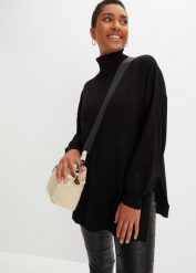 Sweter z golfem z mieszanki wiskozy. Czarne swetry bonprix, bez wzorów, z wiskozy, bez ramiączek. Za 129.99 zł.