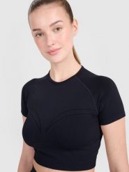 4F Crop-top treningowy slim bezszwowy damski - czarny XS/S. Czarne koszulki sportowe 4f, bez wzorów, z dzianiny, bez ramiączek, do biegania. W wyprzedaży za 39.99 zł.