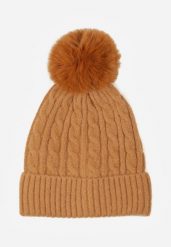 Brązowa Czapka w Warkoczowy Splot z Pomponem Vetisare. Brązowe czapki Born2be, bez wzorów, z dzianiny. Za 34.99 zł.