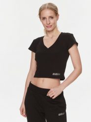 Guess T-Shirt Edie V4RP10 K8RT2 Czarny Regular Fit. Czarne t-shirty Guess, l, z aplikacjami, z wiskozy, bez kołnierzyka, bez ramiączek. Za 129.99 zł.