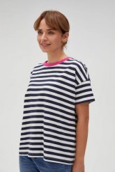 Bawełniana bluza w paski z krótkimi rękawami granatowa. Bluzy MOODO, l, bez wzorów, z bawełny, bez kaptura. W wyprzedaży za 69.99 zł.