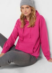 Bluza z kapturem, z miękkiego materiału frotte. Czerwone bluzy bonprix, bez wzorów, z kapturem. Za 84.99 zł.
