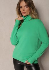Zielony Pudełkowy Golf z Wiskozą Ozdobiony Guzikami przy Rękawach Tiarose. Zielone golfy Renee, xl, bez wzorów, z jeansu, bez ramiączek. Za 59.99 zł.
