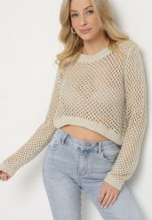 Beżowy Sweter Ażurowy o Krótkim Kroju z Metaliczną Nitką Pilliselia. Brązowe swetry Born2be, na wiosnę, m, w ażurowe wzory, z jeansu, bez ramiączek. Za 109.99 zł.
