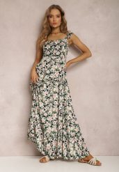 Biało-Czarna Sukienka Agarynome. Białe sukienki Renee, na lato, l, z aplikacjami, bez kołnierzyka, bez ramiączek, maxi, rozkloszowane. Za 74.99 zł.