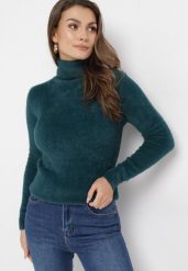 Ciemnozielony Elastyczny Golf z Puszystej Tkaniny z Wełną Doulcet. Zielone golfy Born2be, l, bez wzorów, z materiału, bez ramiączek. Za 44.99 zł.
