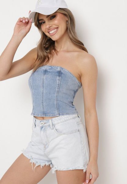 Niebieski Jeansowy Krótki Top Gorsetowy Efiloe. Niebieskie topy Born2be, l, bez wzorów, z bawełny, bez kołnierzyka, bez ramiączek. Za 69.99 zł.