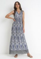 Niebiesko-Granatowa Sukienka Maxi z Gumkami w Pasie z Wiskozy Paisley Emblyn. Niebieskie sukienki Born2be, na lato, l, bez wzorów, z tkaniny, bez kołnierzyka, bez ramiączek, maxi. Za 49.99 zł.