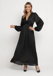 Czarna Maxi Rozkloszowana Sukienka z Gładkiej Tkaniny z Kopertowym Dekoltem i Luźnymi Rękawami Smruti. Czarne sukienki Born2be, m, bez wzorów, z tkaniny, wizytowe, bez kołnierzyka, bez ramiączek, maxi, kopertowe. Za 149.99 zł.