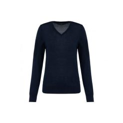 Damski sweter z merynosów z dekoltem v-neck Kariban Premium. Niebieskie swetry KARIBAN, na zimę, bez wzorów, z wełny, bez ramiączek. Za 297.00 zł.