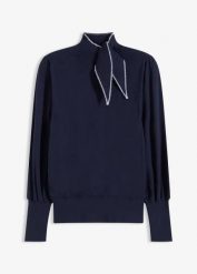 Sweter z mieszanki wiskozy. Niebieskie swetry bonprix, bez wzorów, z wiskozy, bez ramiączek. Za 124.99 zł.