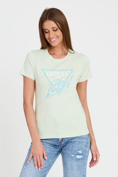 GUESS Miętowy damski t-shirt bawełniany Icon Tee, Rozmiar S. Zielone t-shirty Guess, s, z aplikacjami, z bawełny, bez kołnierzyka, bez ramiączek. W wyprzedaży za 136.99 zł.