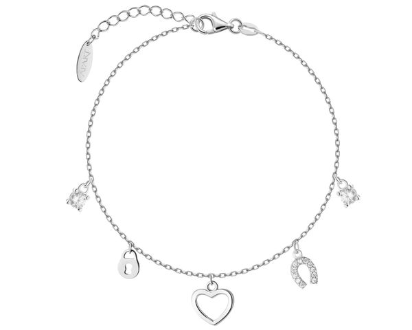 Bransoletka srebrna z cyrkoniami - serce, podkowa, kłódka. Szare bransoletki Apart, z cyrkonią, srebrne. Za 169.00 zł.