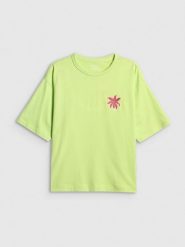 4F T-shirt boxy z nadrukiem damski - zielony L. Żółte t-shirty 4f, l, bez wzorów, z bawełny, bez kołnierzyka, bez ramiączek. Za 69.99 zł.