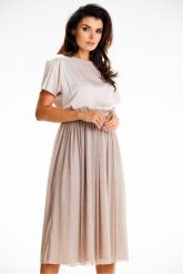 Elegancka sukienka midi z kimonowym rękawem beżowa. Brązowe sukienki Awama, na imprezę, s, bez wzorów, eleganckie, bez kołnierzyka, bez ramiączek, midi. Za 399.00 zł.