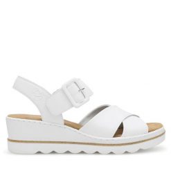 Sandały Rieker. Białe sandały Rieker, bez wzorów, bez obcasa, na koturnie, bez zapięcia. Za 299.99 zł.