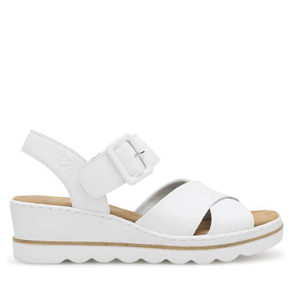 Sandały Rieker. Białe sandały Rieker, bez wzorów, bez obcasa, na koturnie, bez zapięcia. Za 299.99 zł.