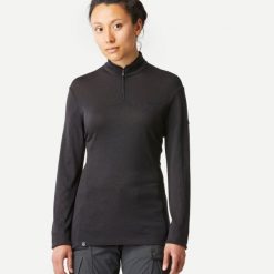 Koszulka trekkingowa damska z długim rękawem MT 500 merino. Czarne bluzki SIMOND, m, bez wzorów, z materiału, sportowe, bez kołnierzyka, bez ramiączek. Za 229.99 zł.